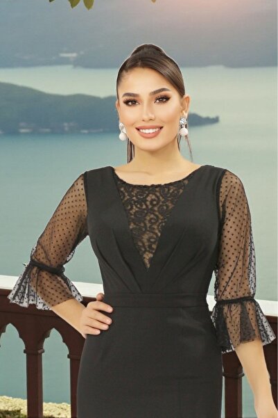 FaBe Fashion Dantel Kombinli Tül Dirsek Kollu Yırtmaçlı Krep Elbise