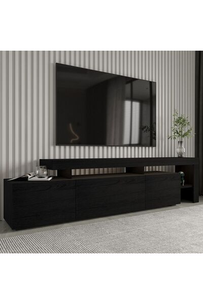 İNARCH DİZAYN Beliz Modern LED Işıklı 3 Kapaklı, Raflı TV Sehpası – 192 cm - Ahşap Siyah