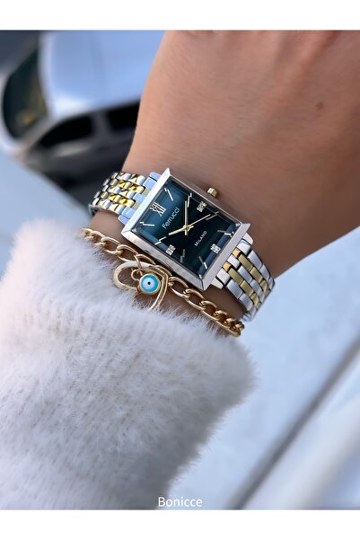 Ferrucci حافظة مستطيلة الشكل من الفولاذ باللون الأخضر الفضي، ساعة يد + سوار