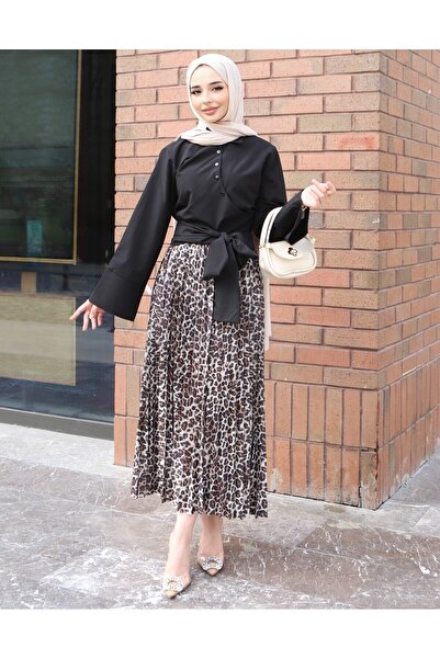 Miyalon Leather Looked Pleated Leopard Trousers Skirt with Elastic Waist