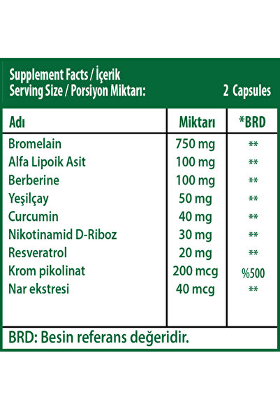 Walkers Bromelain yeşil çay, krom, curcumin, berberine, resveratrol.