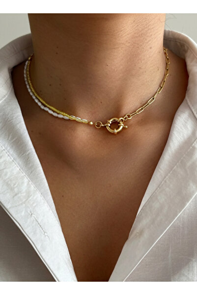 SOFT Çelik Altın Renk Zincirli İnci Choker Kolye Kararma Yapmaz Özel Tasarım