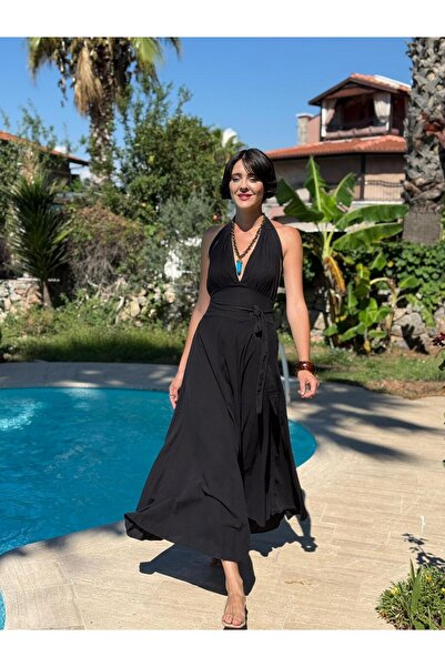 Punta Otantik Pt25071 Shoulder Tie Waist Belted Backless Coton Dress Black