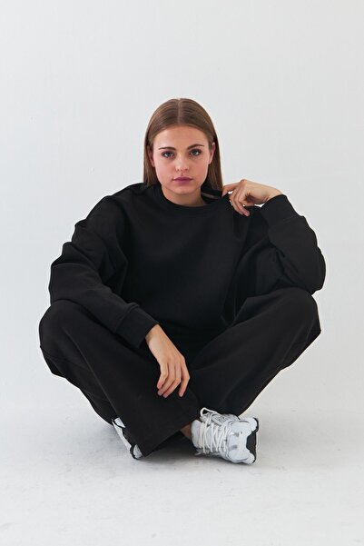 The Champ Clothing Unisex Oversize Σετ Φούτερ Μπαστούνι Μαύρο – Λαιμόκοψη, Φαρδιά Πόδια, Φλις με 3 Κλωστές
