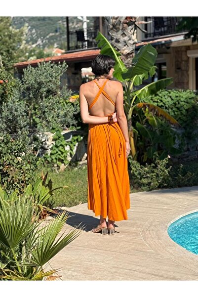 Punta Otantik Pt25071 Shoulder Tie Waist Belted Backless Cotton Dress Orange