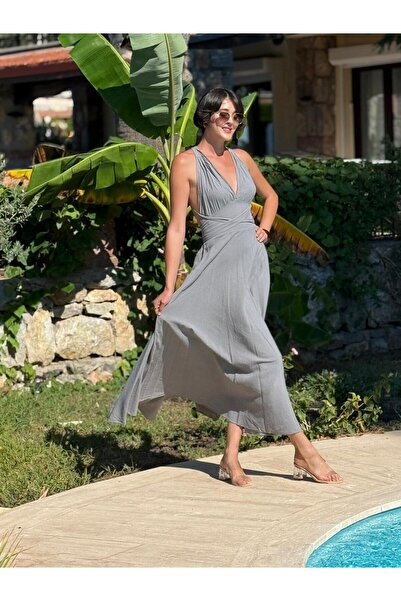 Punta Otantik Pt25071 Shoulder Tie Waist Belted Backless Coton Dress Gray