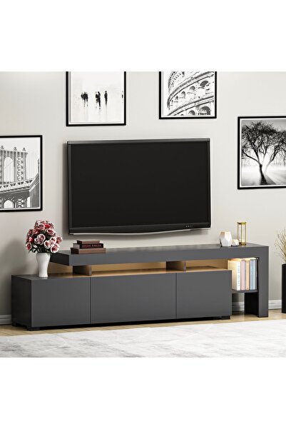 İNARCH DİZAYN Beliz Modern LED Işıklı 3 Kapaklı, Raflı TV Sehpası – 192 cm - Antrasit