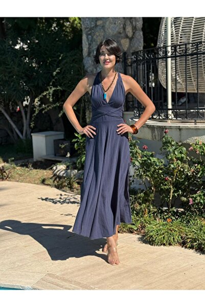 Punta Otantik Pt25071 Shoulder Tie Waist Belted Backless Coton Dress Navy Blue