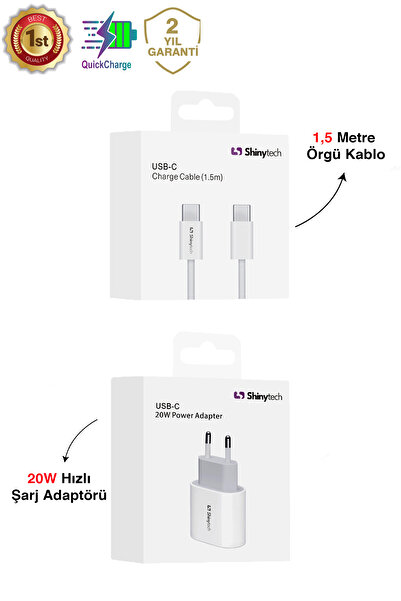 Shinytech 20W iPhone & Android Hızlı Şarj Adaptörü + 1.5m USB-C Kablo Seti – 2 Yıl Garantili