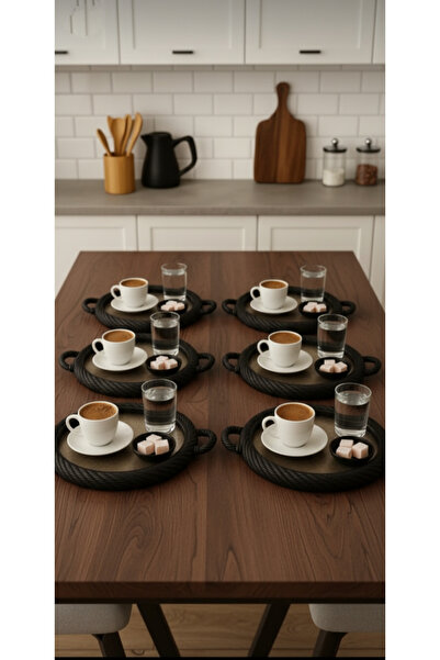 ZeDesign 6 Adet Kahve Sunum Tepsisi Çay Çerez Sunum Tepsisi örgü desenli Yuvarlak plastik siyah