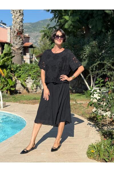 Punta Otantik YG5291 Rochie din bumbac cu detaliu din plasă italiană neagră