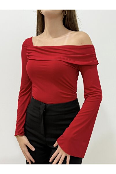 peri tower New Product Women's One Shoulder Drawstring Detail Spanish Sleeve Blouse 0037