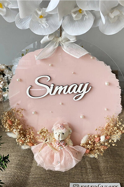 RetroLazer Şeffaf Boyalı Pleksi Peri Ayıcıklı Bebek Kapı Süsü İsimlik Makrome 30x30 cm