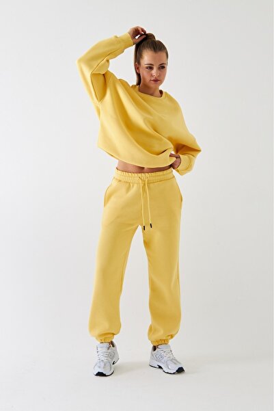 The Champ Clothing Unisex Oversize Σετ Φούτερ Βασικό Κίτρινο – Λαιμόκοψη, Ελαστικό πόδι, Φλις με 3 κλωστές