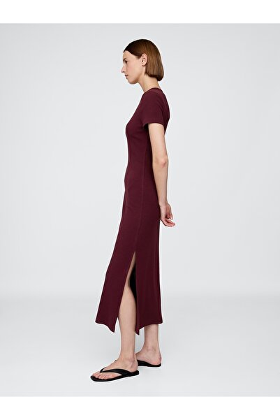 GAP Kadın Bordo Modern Fitilli Maxi T-Shirt Elbisesi