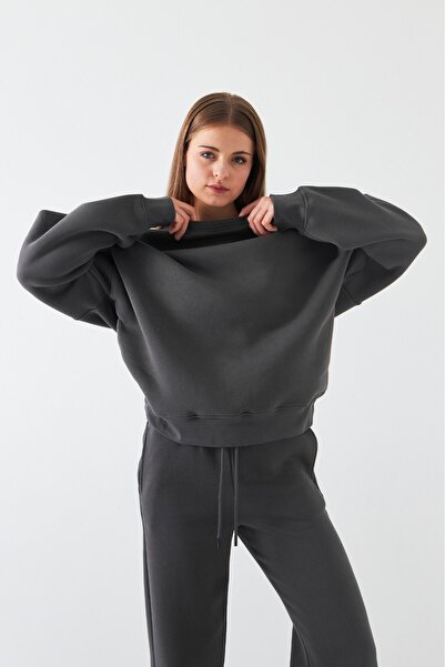 The Champ Clothing Set de trening oversize unisex Basic Smoked – Gât de bicicletă, picior elastic, fleece cu 3 fire