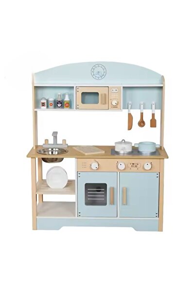 indiggo Bucatarie copii din lemn 85cm plita cuptor chiuveta cuptor microunde albastra