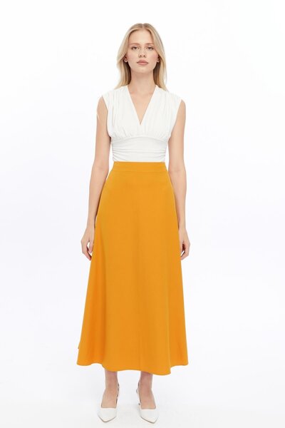 apsen تنورة طويلة واسعة بسحاب للنساء بلون الخردل موسمية 2148-95