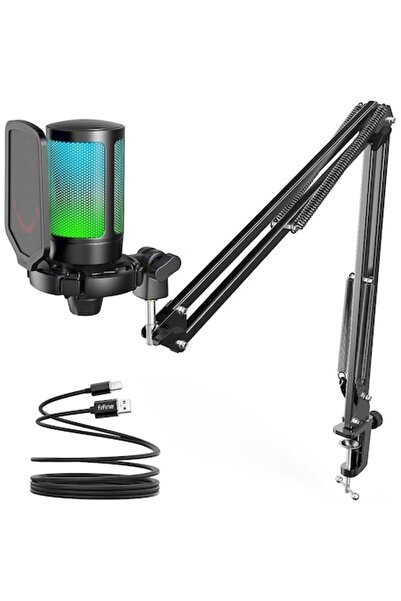 Fifine Gaming Condenser Microphone A6T with Boom Arm, RGB, USB, Black
