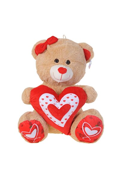 hak-iş oyuncak 55 cm Teddy Bear Plush Toy with Heart and Ribbon – Brown/Red