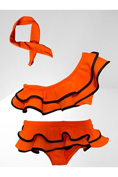 My Kids Wear Kız Çocuk Neon Renkler Pembe Renk Tek Omuz Fırfırlı Bikini Takımı