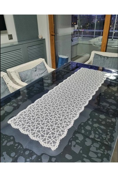 Çt Çeyizci Tekstil Fransız Dantel Detaylı Tek Runner, Krem Renk Masa Üzerine Runner, Masa Örtüsü Runneri