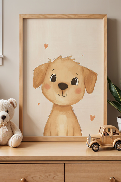 HİGUERA Πίνακας τοίχου με φυσικό ξύλινο πλαίσιο Yellow Sweet Dog Παιδικό Δωμάτιο