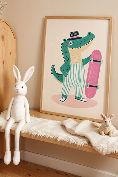 HİGUERA Παιδικό δωμάτιο Pink Skateboard Crocodile Πίνακας τοίχου με φυσικό ξύ...