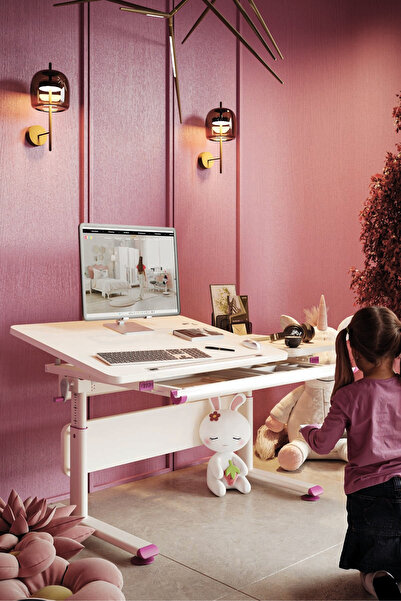 Creo Mobili Vega Basic Çekmeceli Çalışma Masası, Kız Çocuk İçin Yükseklik Aya...