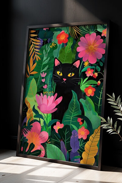 Opak Design Εκτύπωση τοίχου Floral Cat Botanical Art με φυσικό ξύλινο πλαίσιο