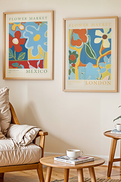 Opak Design ΣΕΤ 2 Φυσικό Ξύλινο Πλαίσιο Flower Market Mexico London Πίνακας –...