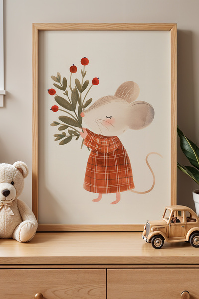 HİGUERA Το ποντίκι με μπουκέτο λουλουδιών στο χέρι - Πίνακας παιδικού και βρε...