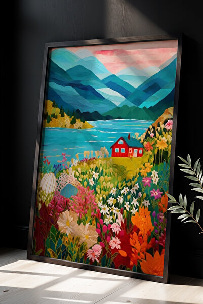Opak Design Mountain Artwork– Αφηρημένο σπίτι και θαλάσσιο τοπίο Πίνακας τοίχ...