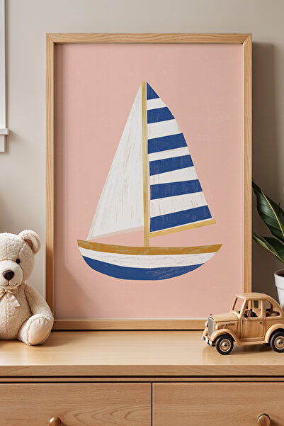 HİGUERA Blue Sailboat Παιδικό Δωμάτιο Πίνακας τοίχου με φυσικό ξύλινο πλαίσιο