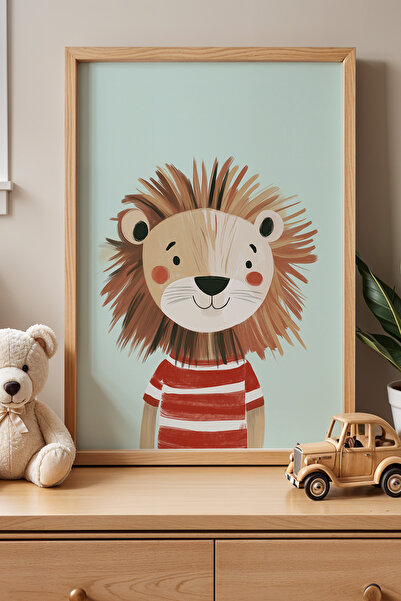 HİGUERA Παιδικό δωμάτιο Lion με κόκκινο ριγέ πουλόβερ Πίνακας τοίχου με φυσικ...