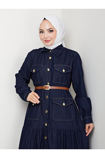 EFSUN MODA GOLD DÜĞMELİ CEPLI DERİ KEMERLİ MAVİ KOT ELBİSE TESETTÜR
