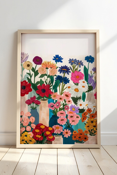 Opak Design Boho Spring Flower Vase ζωγραφική τοίχου με φυσικό ξύλινο πλαίσιο