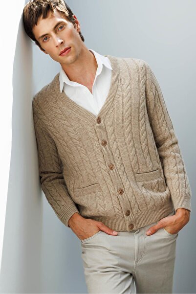 Desen Triko Men's V-Neck Thick Hair Braided Wool Coat Dark Beige