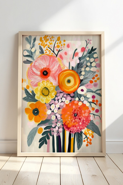 Opak Design Boho Spring Flower Vase ζωγραφική τοίχου με φυσικό ξύλινο πλαίσιο