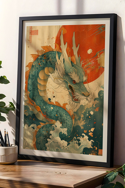Opak Design Ryu Blue-Green Pull Dragon Ιαπωνική Τέχνη Τοίχου Vintage Πίνακας ...