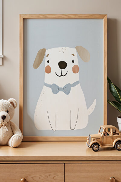 HİGUERA Blue Bowtie Dog Παιδικό Δωμάτιο Πίνακας τοίχου με φυσικό ξύλινο πλαίσιο