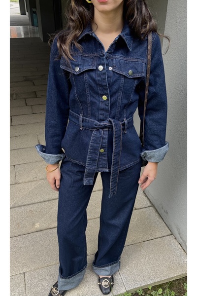 boho chıc Koyu Mavi Kuşaklı Gömlek Ceket