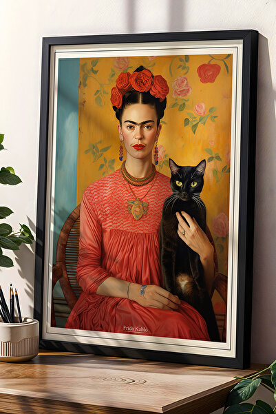 Opak Design Πορτρέτο μαύρης γάτας σε στυλ Kahlo Πίνακας τοίχου με φυσικό ξύλι...