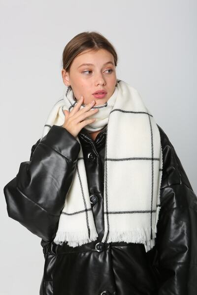 FELLMENS Жіночий шарф-шаль - Екрю з квадратним візерунком