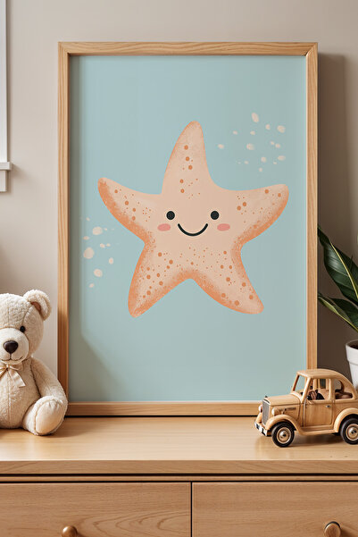 HİGUERA Blue Background Starfish Παιδικό Δωμάτιο Πίνακας τοίχου με φυσικό ξύλ...