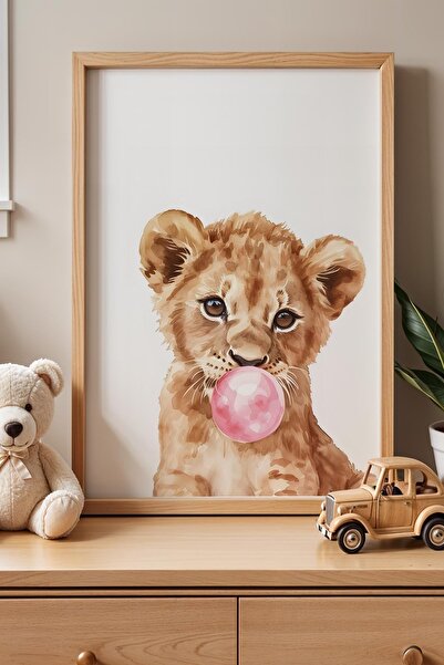 Opak Design Παιδικό δωμάτιο Gum Chewing Lion Πίνακας τοίχου με ξύλινο πλαίσιο