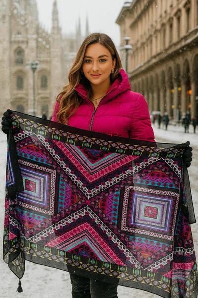 FELLMENS Şal de damă negru cu ciucuri cu model