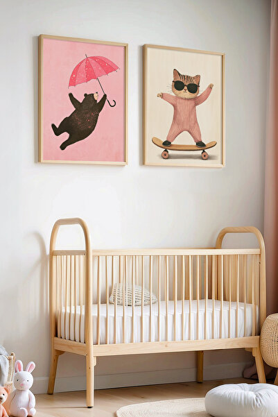 HİGUERA Πίνακας τοίχου με ξύλινο πλαίσιο 2 τεμαχίων Bear and Skateboarder Cat...