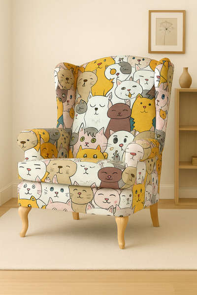 Enesar Home Kedi Desenli Kumaş Kırlentlik Döşemelik Kumaş Dijital Baskı