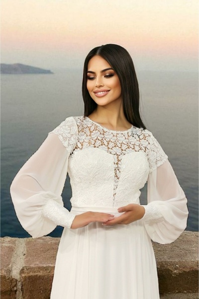 FaBe Fashion Uzun Kollu Güpür Kombinli Şifon Nikahlık Beyaz Abiye Elbise